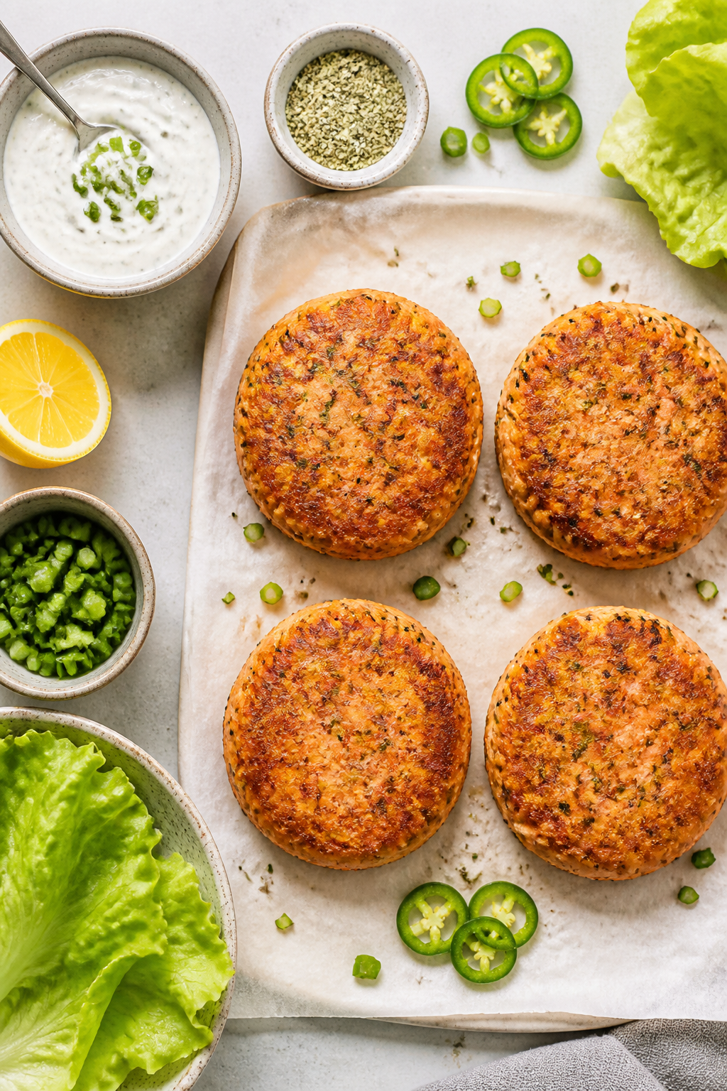 Tasty top view: Overhead shot of a meal-prep spread—four crisp salmon patties arranged in a grid o