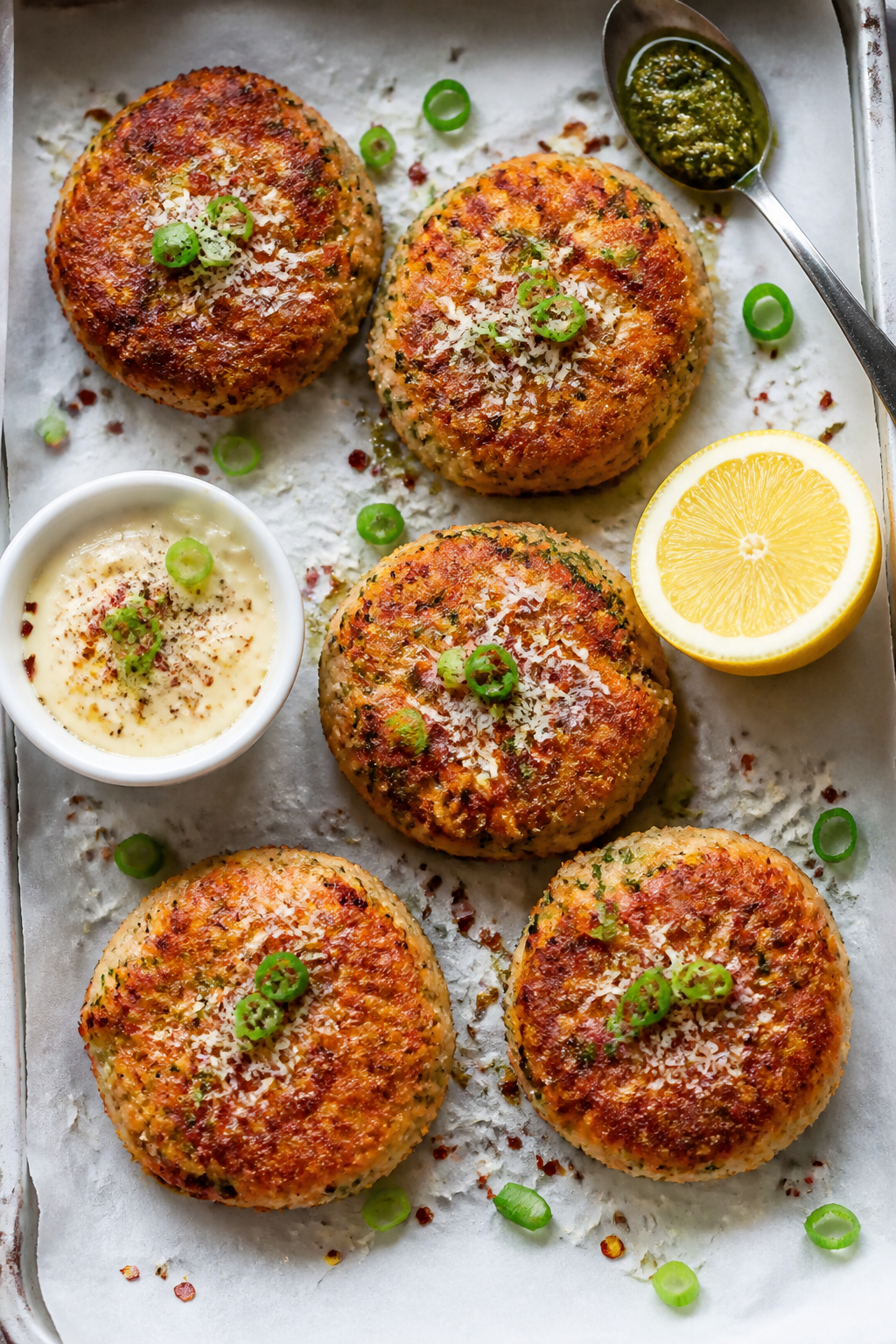 Tasty top view: Overhead shot of a parchment-lined sheet with six evenly browned salmon cakes, visib