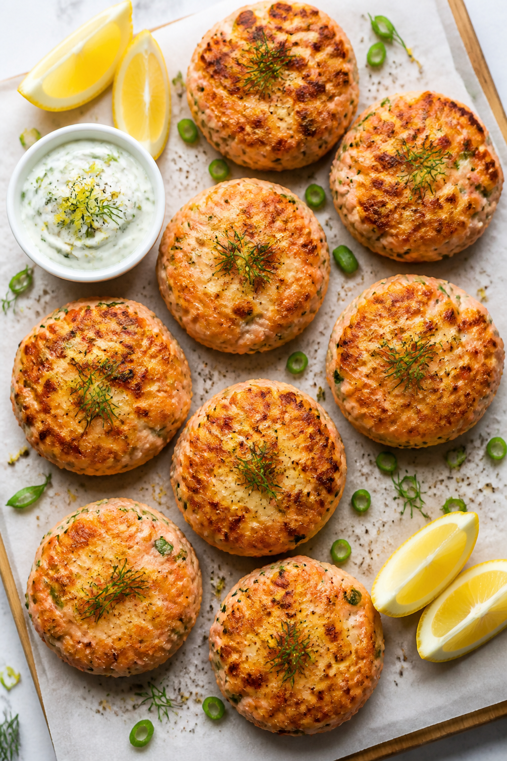 Tasty top view: Overhead shot of a platter of 8 Cheesy Herb Keto Salmon Patties arranged in a loose 