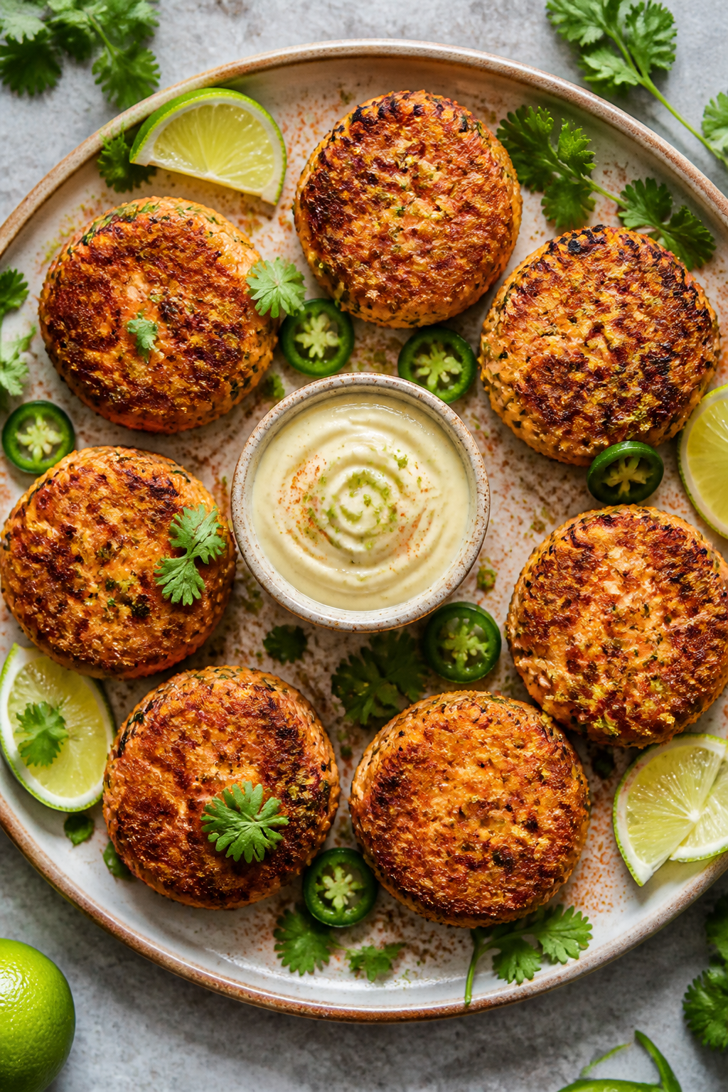 Tasty top view: Overhead shot of a rustic platter with multiple salmon cakes arranged in a loose cir