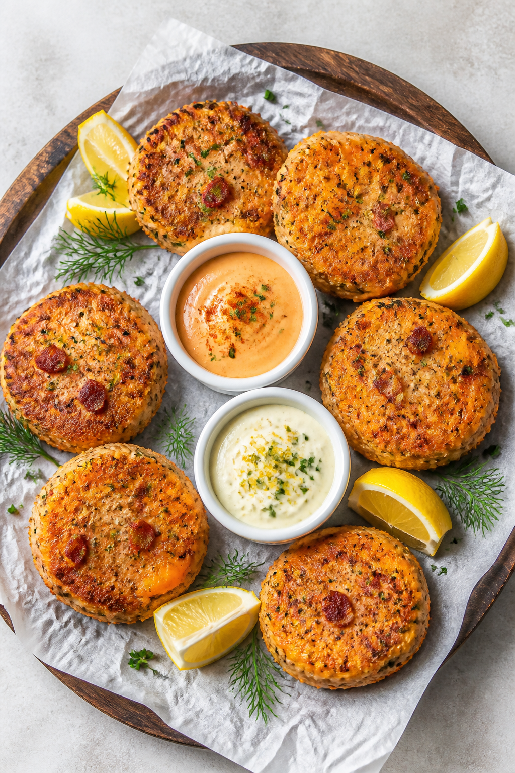 Tasty top view: Overhead shot of a rustic platter holding six small salmon patties arranged in a loo