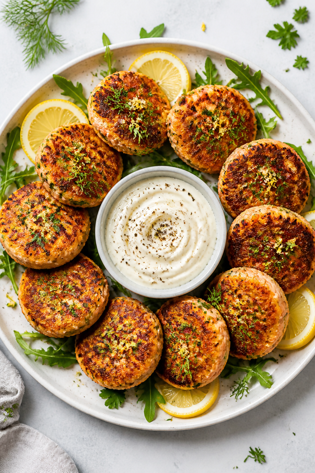 Tasty top view: Overhead shot of a serving platter with multiple small salmon cakes arranged in a ne
