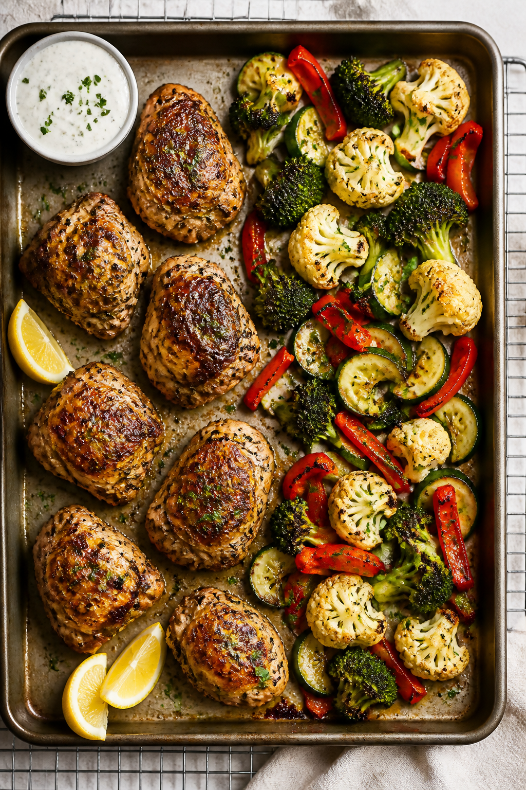 Tasty top view: Overhead shot of a sheet pan right after roasting, chicken on one side and veggies o