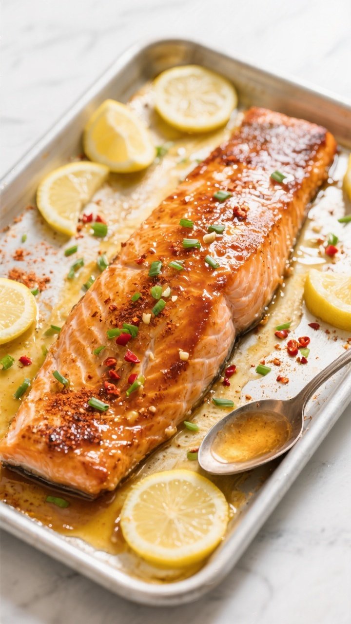 Tasty top view: Overhead shot of a whole side of honey garlic butter salmon on a sheet pan, evenly g