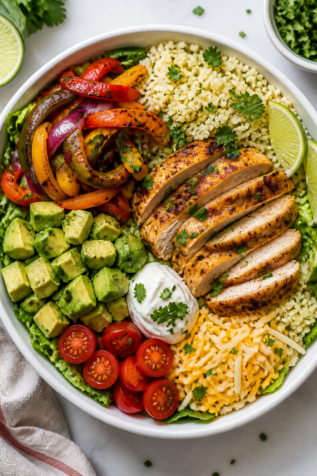 Tasty top view: Overhead shot of an Easy Keto Chicken Burrito Bowl assembled in a wide, shallow whit