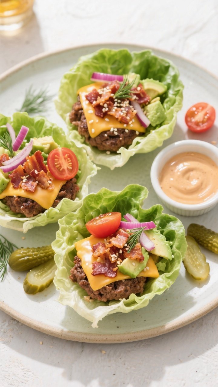 Tasty top view: Overhead shot of assembled Bacon Cheeseburger Lettuce Wrap Bowls—crisp romaine cup