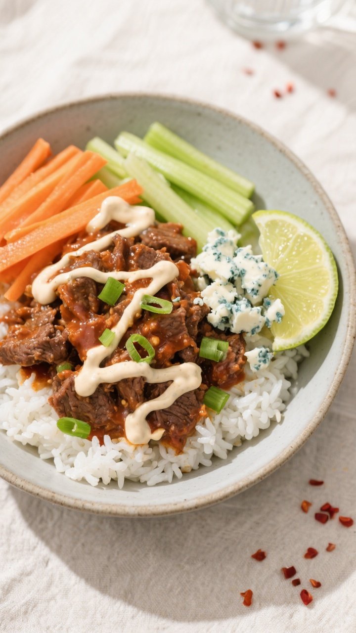 Tasty top view: Overhead shot of assembled Buffalo Ranch Beef Bowl—fluffy white rice base topped w