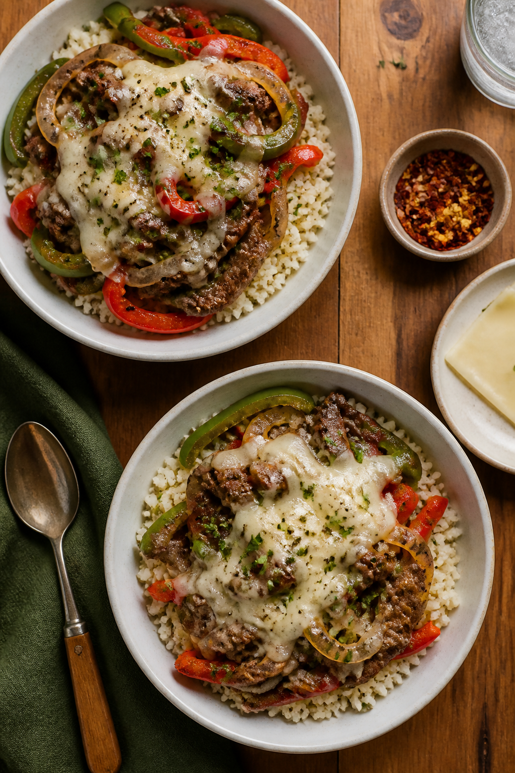 Tasty top view: Overhead shot of assembled cheesesteak bowls for two on a wooden table—cauliflower