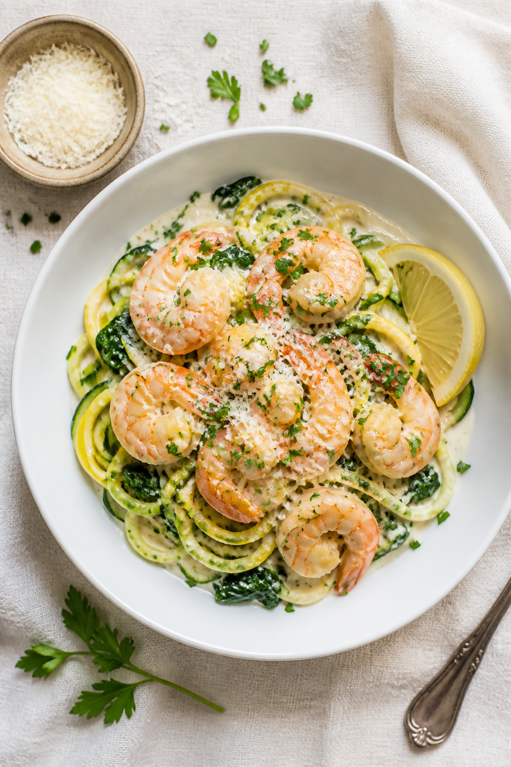 Tasty top view: Overhead shot of assembled Healthy Keto Shrimp Alfredo Bowls—crisp-tender zucchini