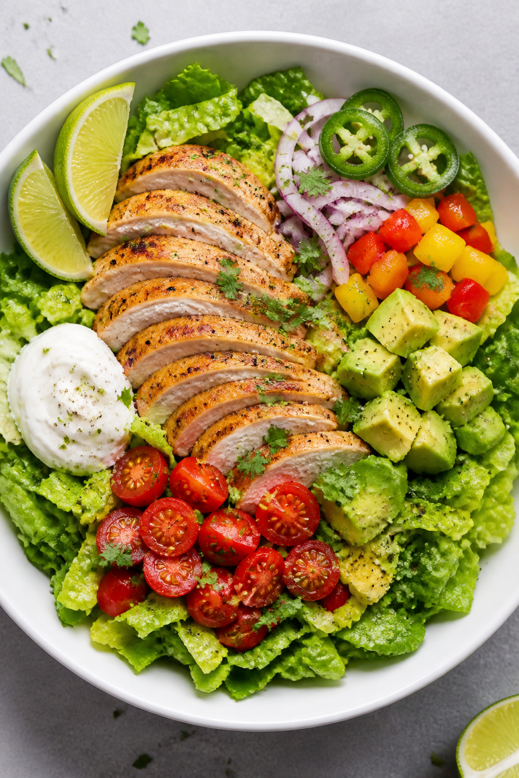 Tasty top view: Overhead shot of assembled Healthy Keto Chicken Taco Salad Bowl in a wide white shal