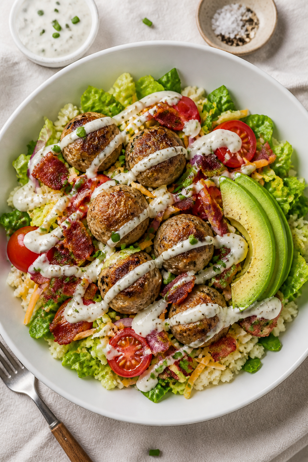 Tasty top view: Overhead shot of assembled Keto Bacon Ranch Meatball Bowl—bed of chopped romaine a
