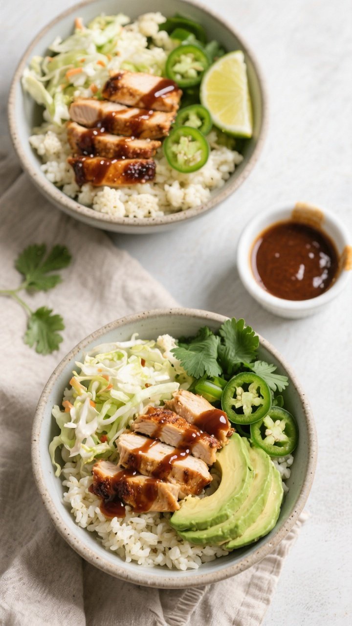 Tasty top view: Overhead shot of assembled Keto BBQ Chicken Cauliflower Bowls—fluffy sautéed caul