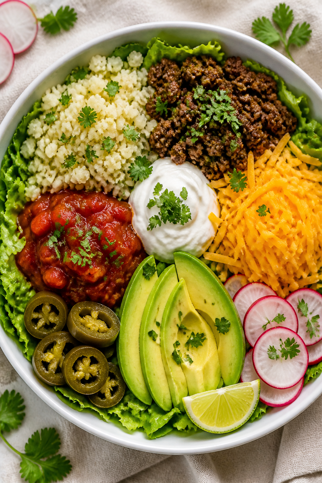 Tasty top view: Overhead shot of assembled Keto Beef Burrito Bowl—crisp romaine base crowned with 