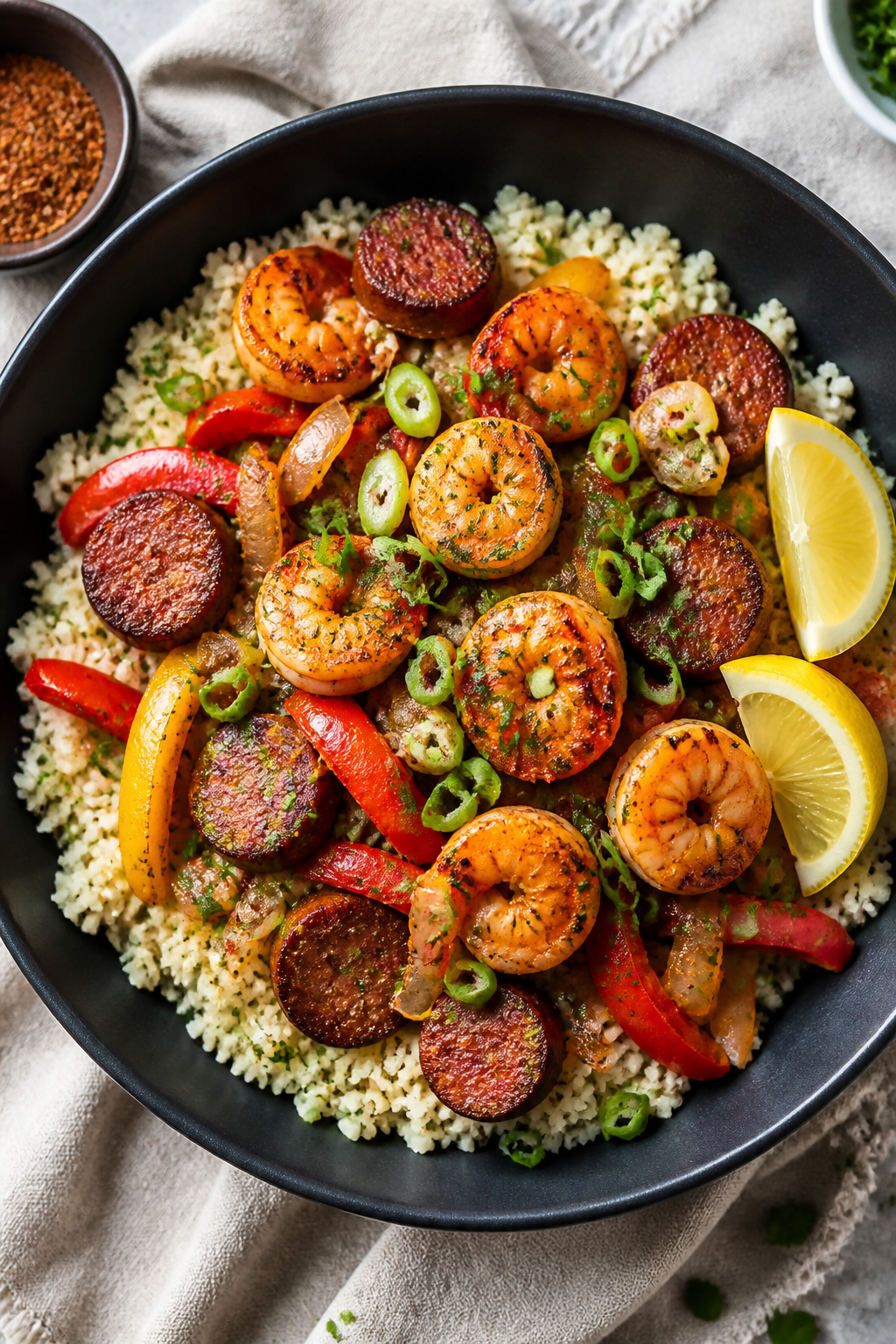 Tasty top view: Overhead shot of assembled Keto Cajun Shrimp and Sausage Bowls on fluffy cauliflower