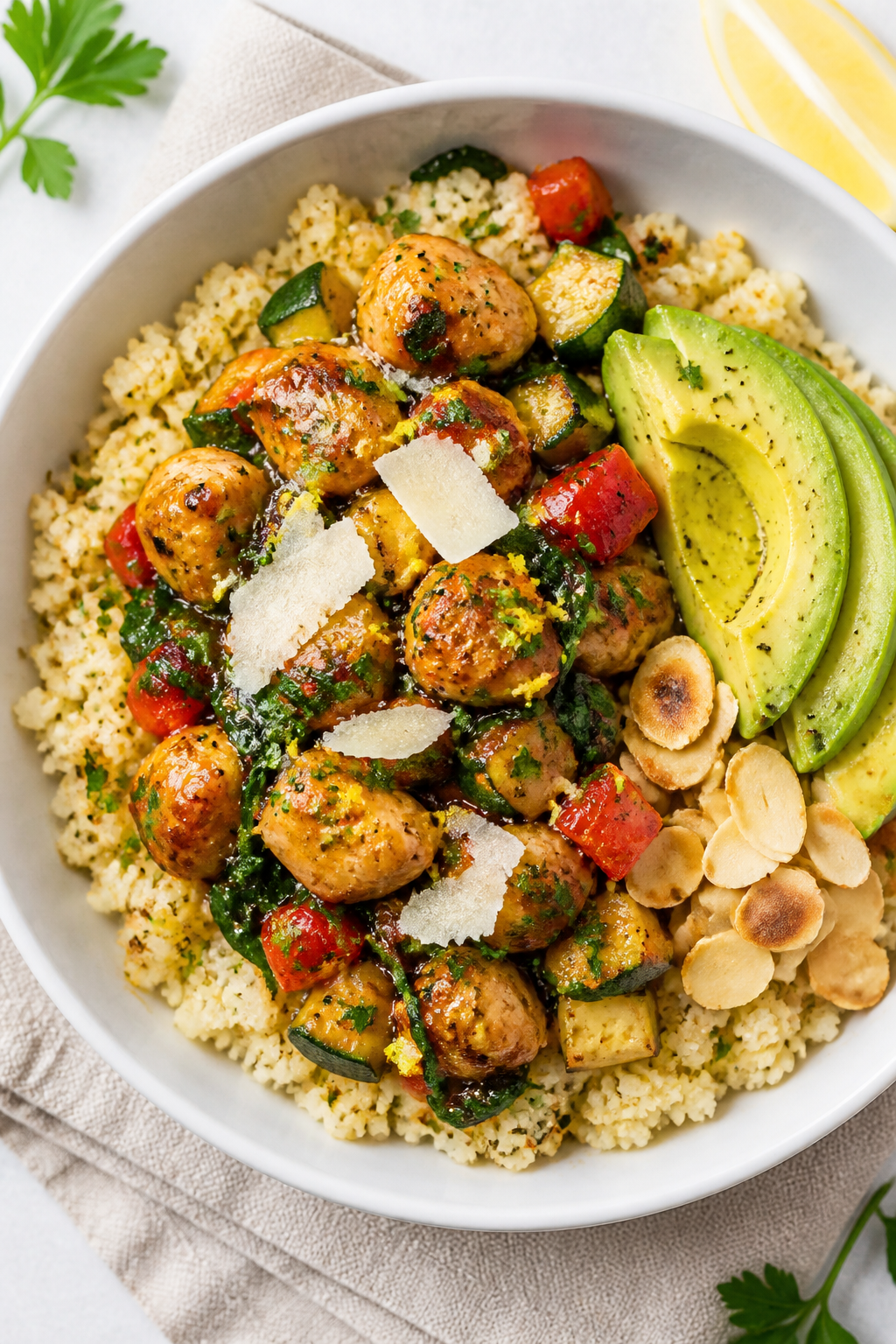 Tasty top view: Overhead shot of assembled Keto Garlic Chicken Bowl—fluffy cauliflower rice base w