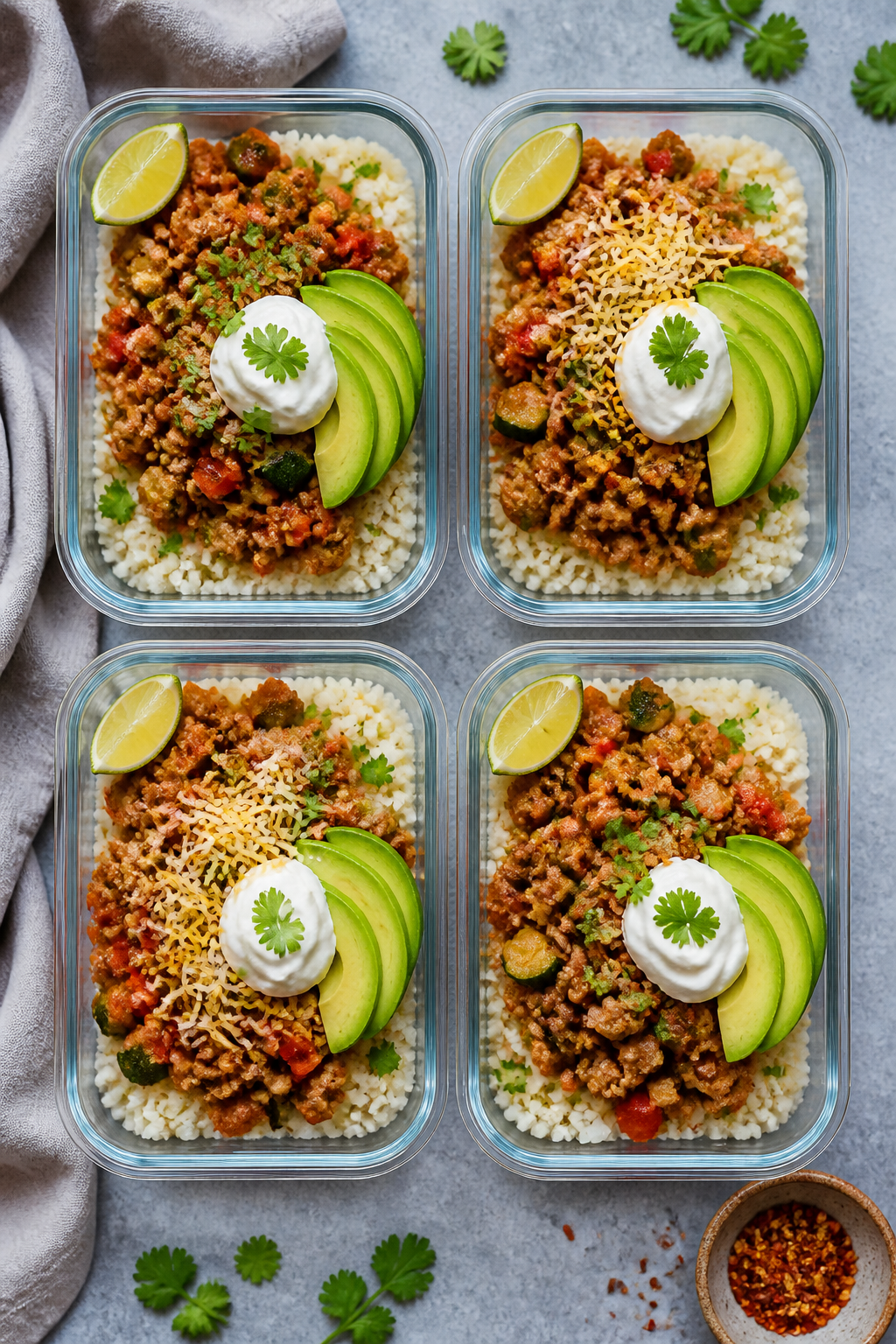 Tasty top view: Overhead shot of assembled keto meal prep bowls—cauliflower rice base topped with 