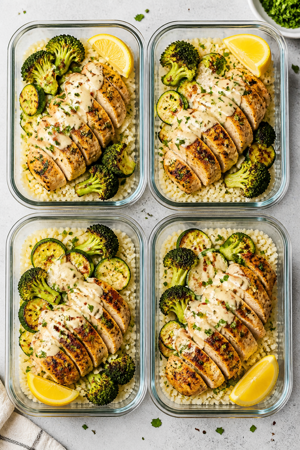 Tasty top view: Overhead shot of assembled keto meal prep bowls—beds of fluffy cauliflower rice to