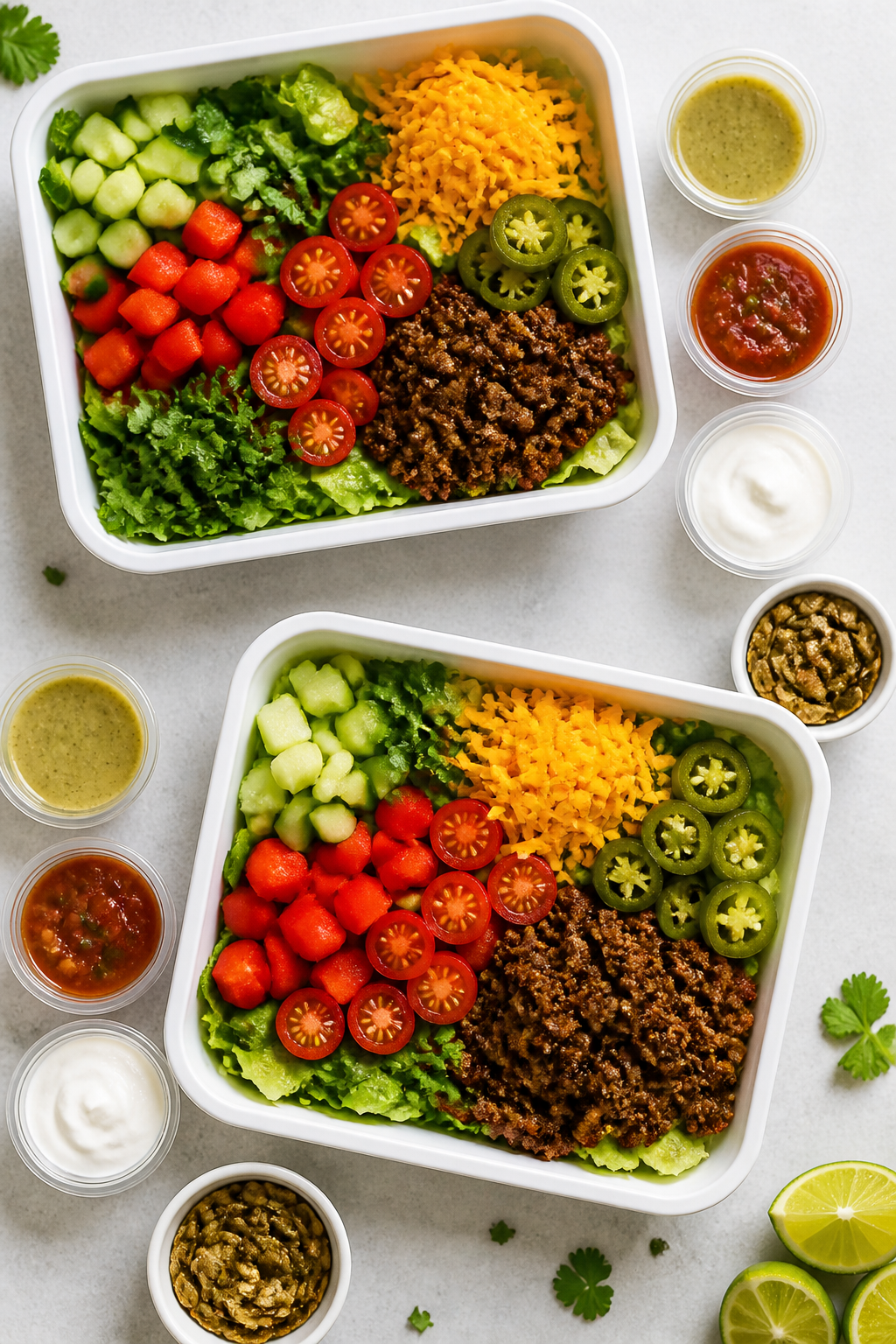 Tasty top view — Overhead shot of assembled meal-prep taco salad bowls: crisp chopped romaine base
