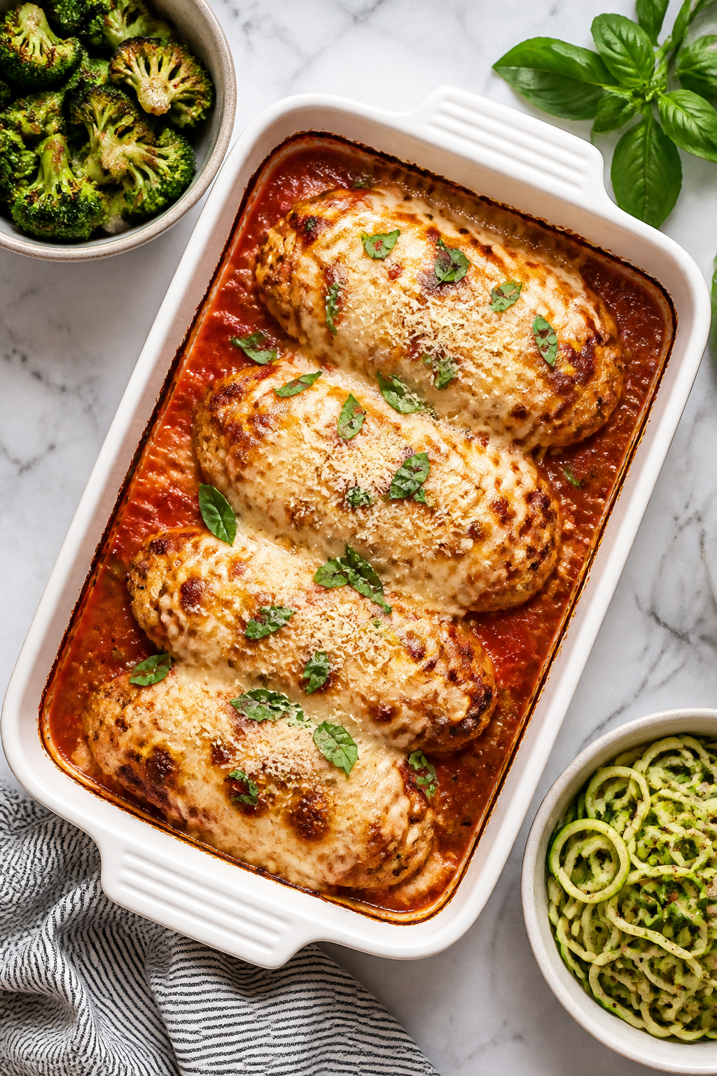 Tasty top view: Overhead shot of baked Keto Chicken Parmesan in a white ceramic baking dish, cheese 