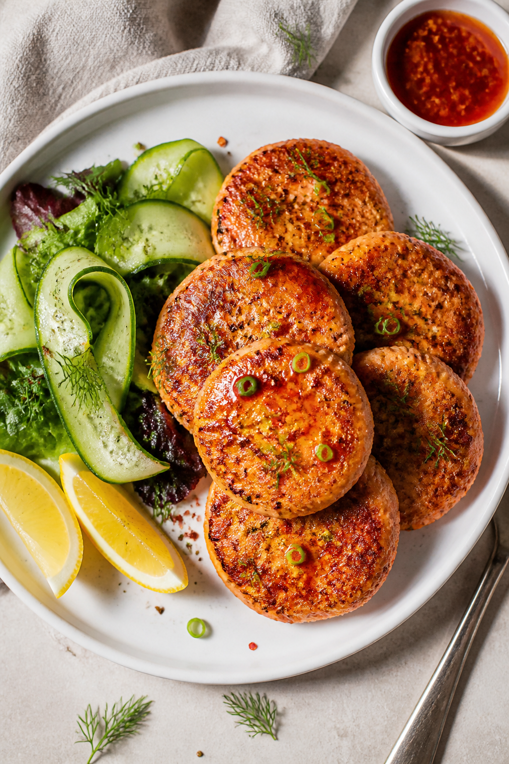 Tasty top view: Overhead shot of beautifully plated keto salmon patties stacked on a matte white pla