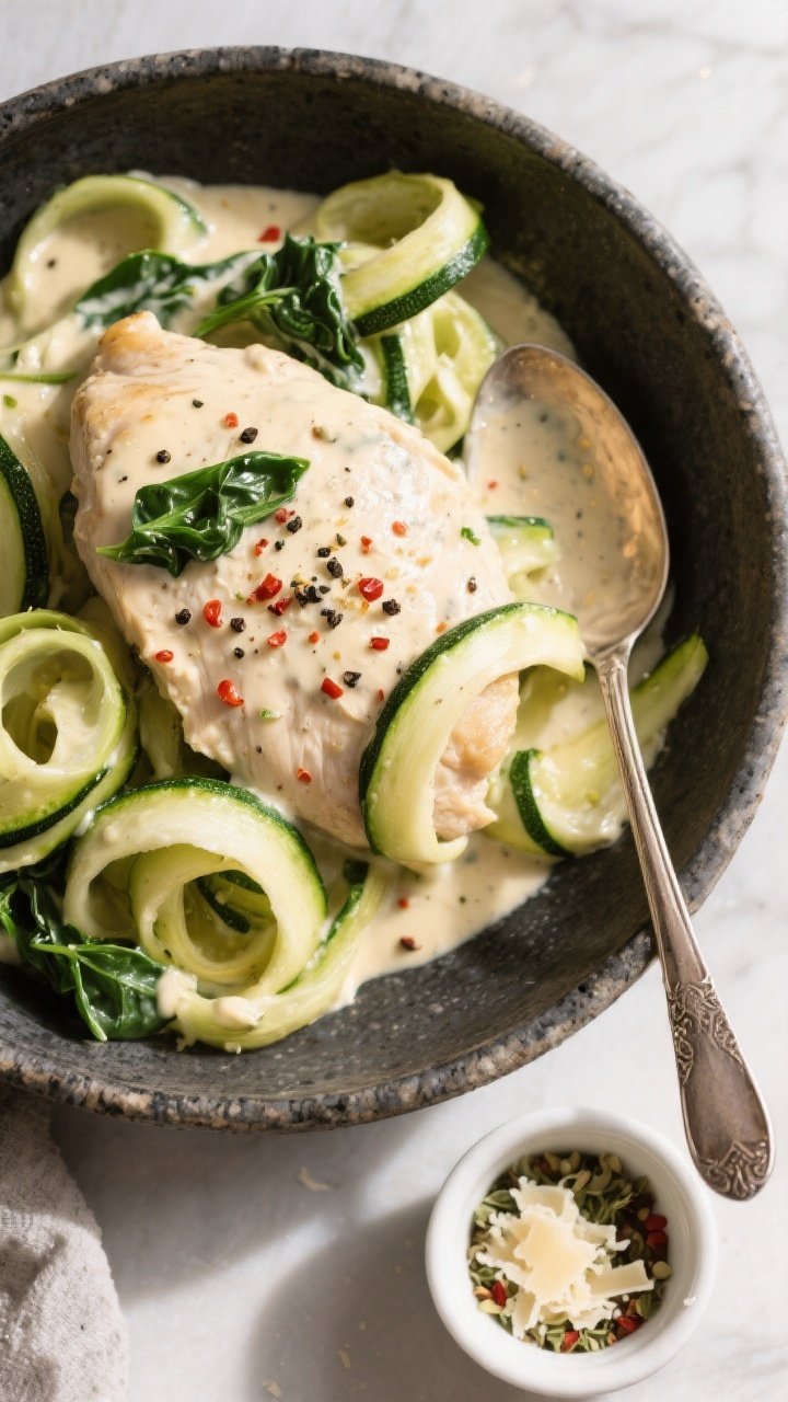 Tasty top view: Overhead shot of creamy Italian chicken spooned over sautéed zucchini ribbons in a 