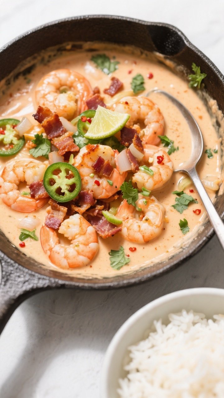 Tasty top view: Overhead shot of Creamy Jalapeño Bacon Shrimp in the skillet, coated in a silky cre