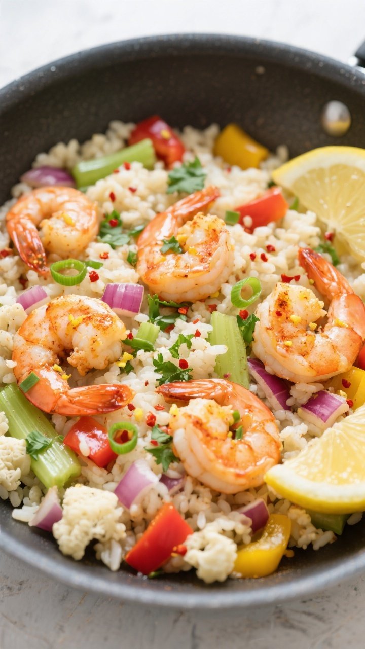 Tasty top view: Overhead shot of Easy Cajun Shrimp & Cauliflower Rice in a wide nonstick skillet, fl