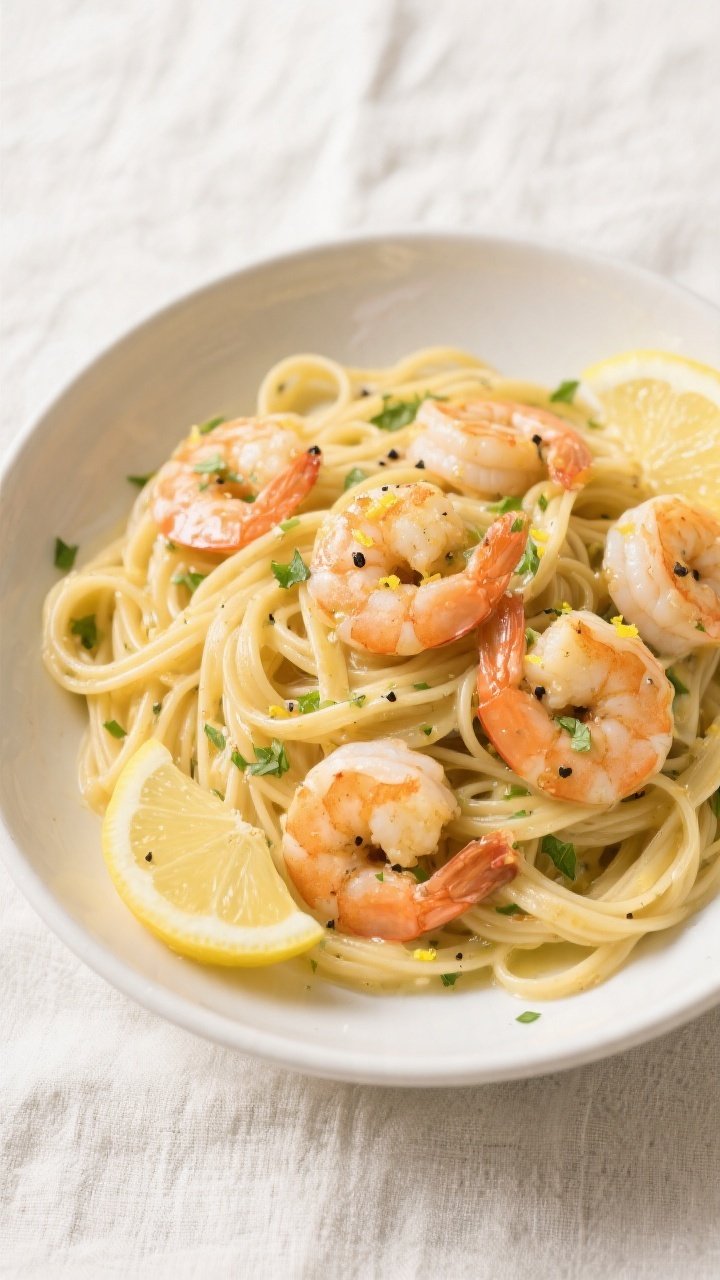 Tasty top view: Overhead shot of Easy Lemon Butter Shrimp Skillet served over al dente linguine, shr