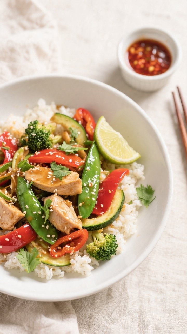 Tasty top view: Overhead shot of Easy Low Carb Chicken Stir Fry served over fluffy cauliflower rice 