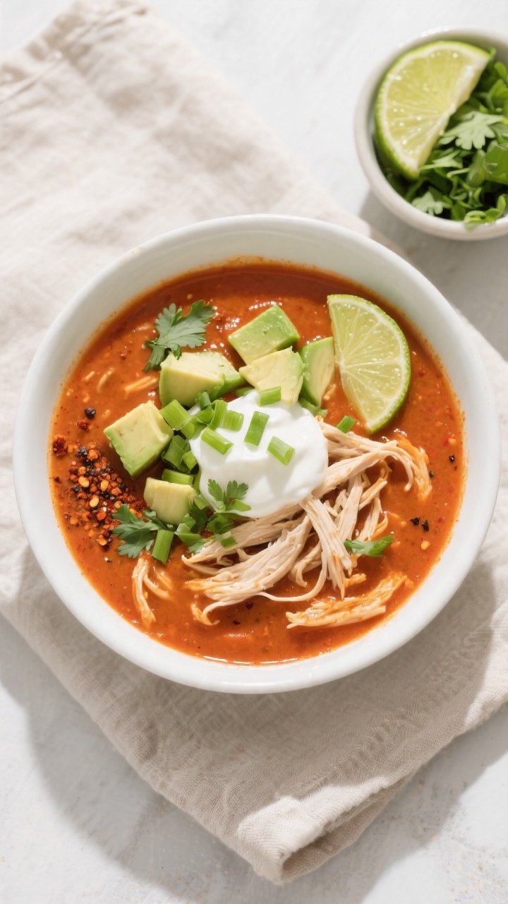 Tasty top view: Overhead shot of finished Keto Crockpot Chicken Enchilada Soup ladled into a wide wh