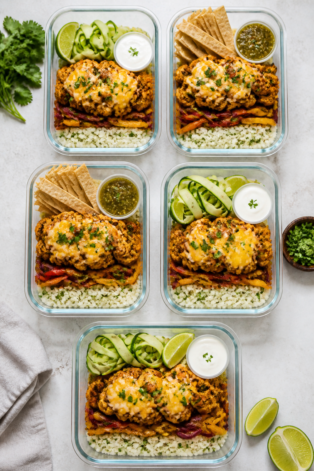 Tasty top view: Overhead shot of five meal prep containers neatly layered with cauliflower rice base