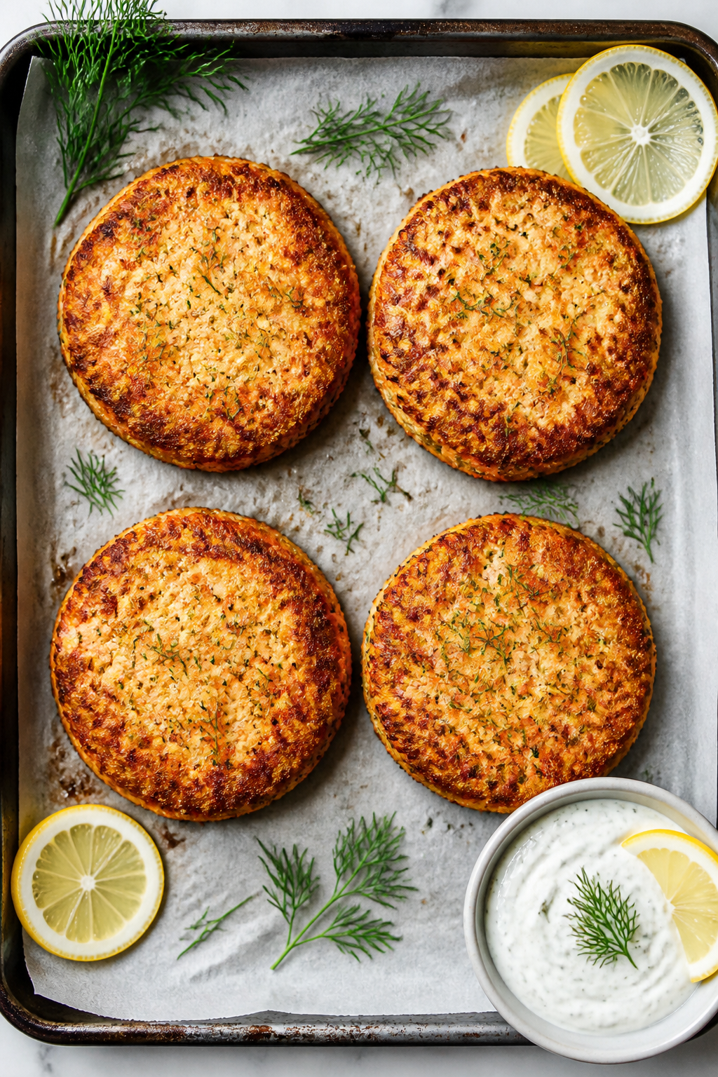 Tasty top view: Overhead shot of four evenly browned salmon cakes on a parchment-lined baking sheet