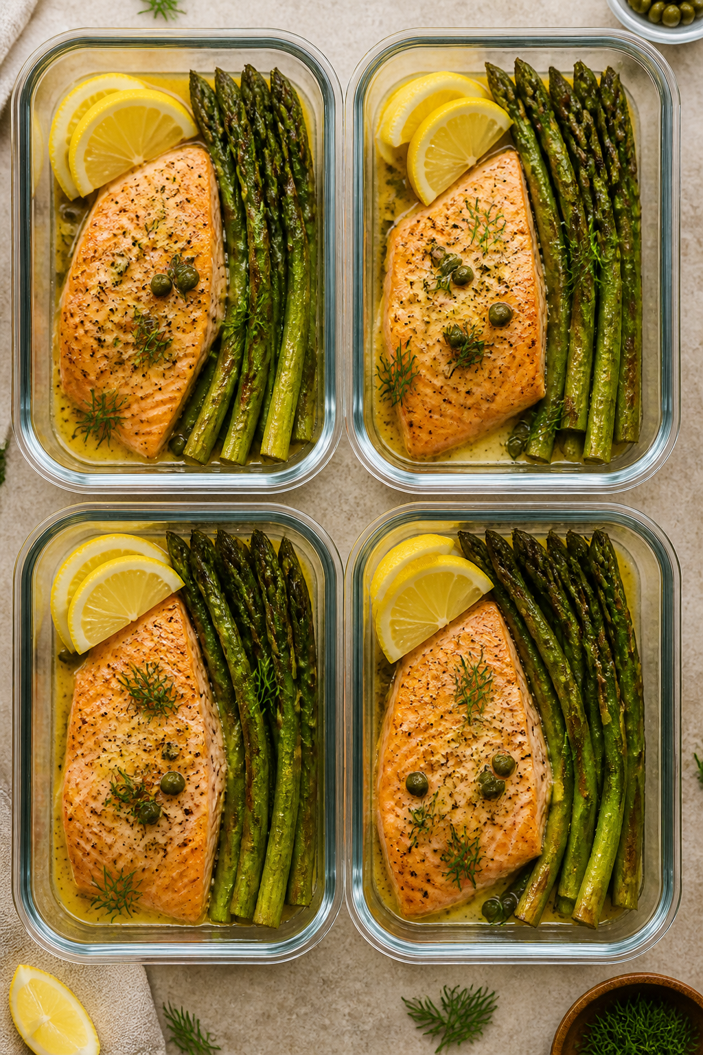 Tasty top view: Overhead shot of four meal-prep containers neatly portioned—one salmon fillet per