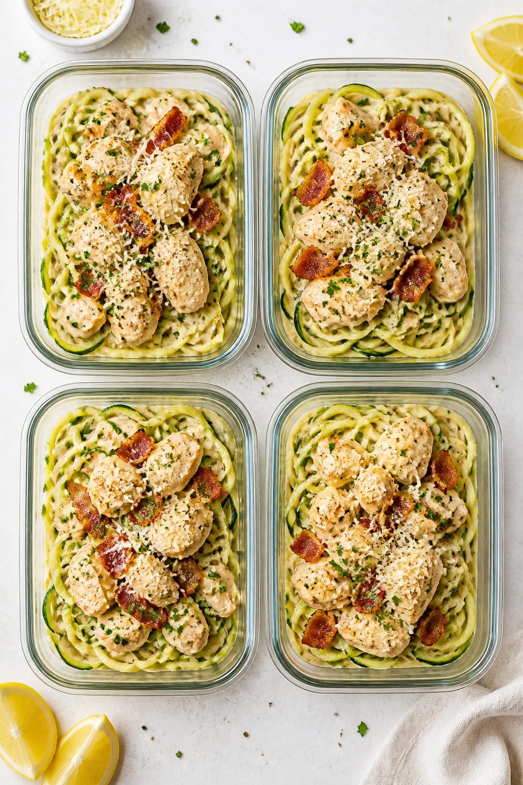 Tasty top view: Overhead shot of four meal-prep containers filled with Low Carb Chicken Bacon Alfred