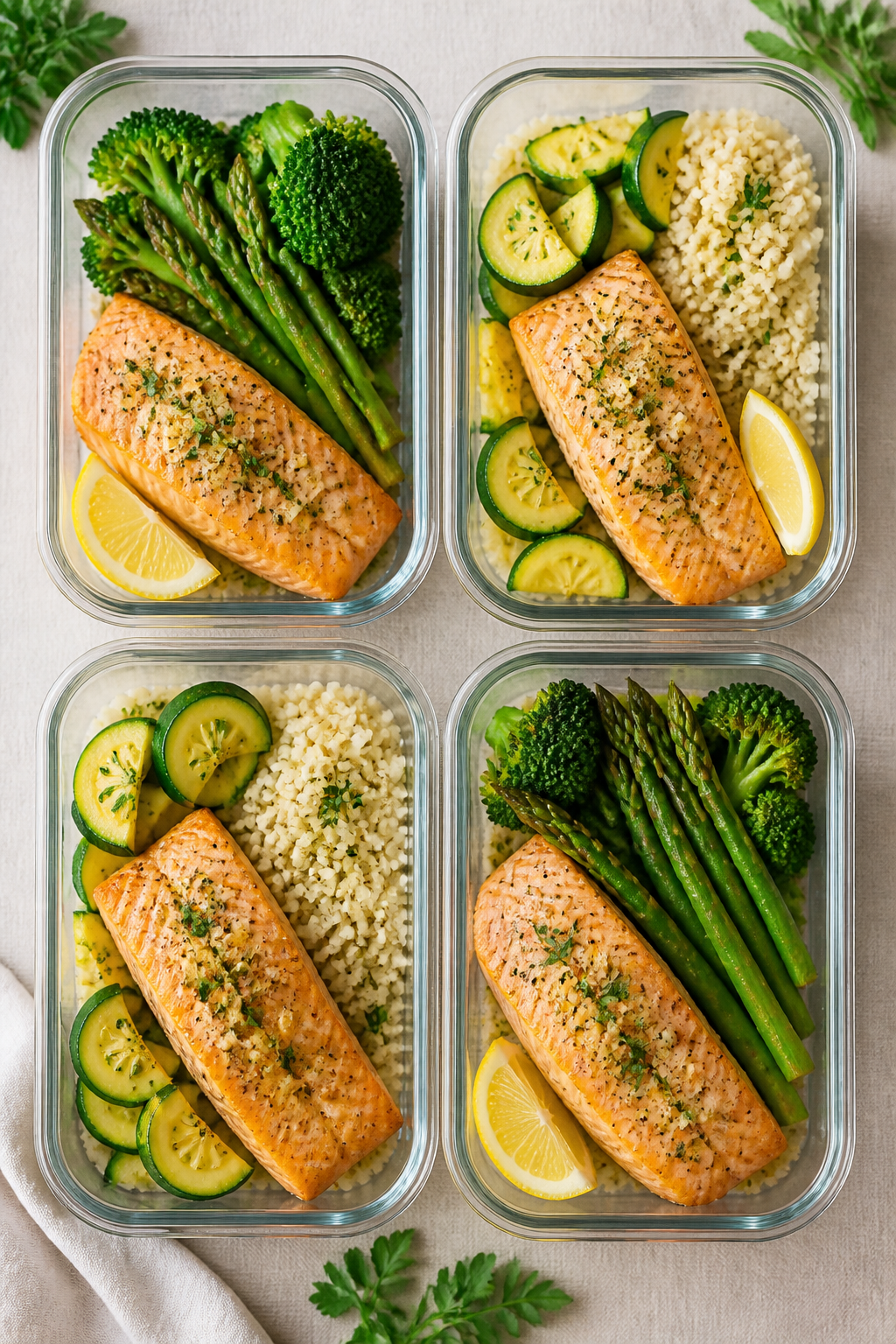 Tasty top view: Overhead shot of four meal prep containers neatly portioned with keto lemon garlic b
