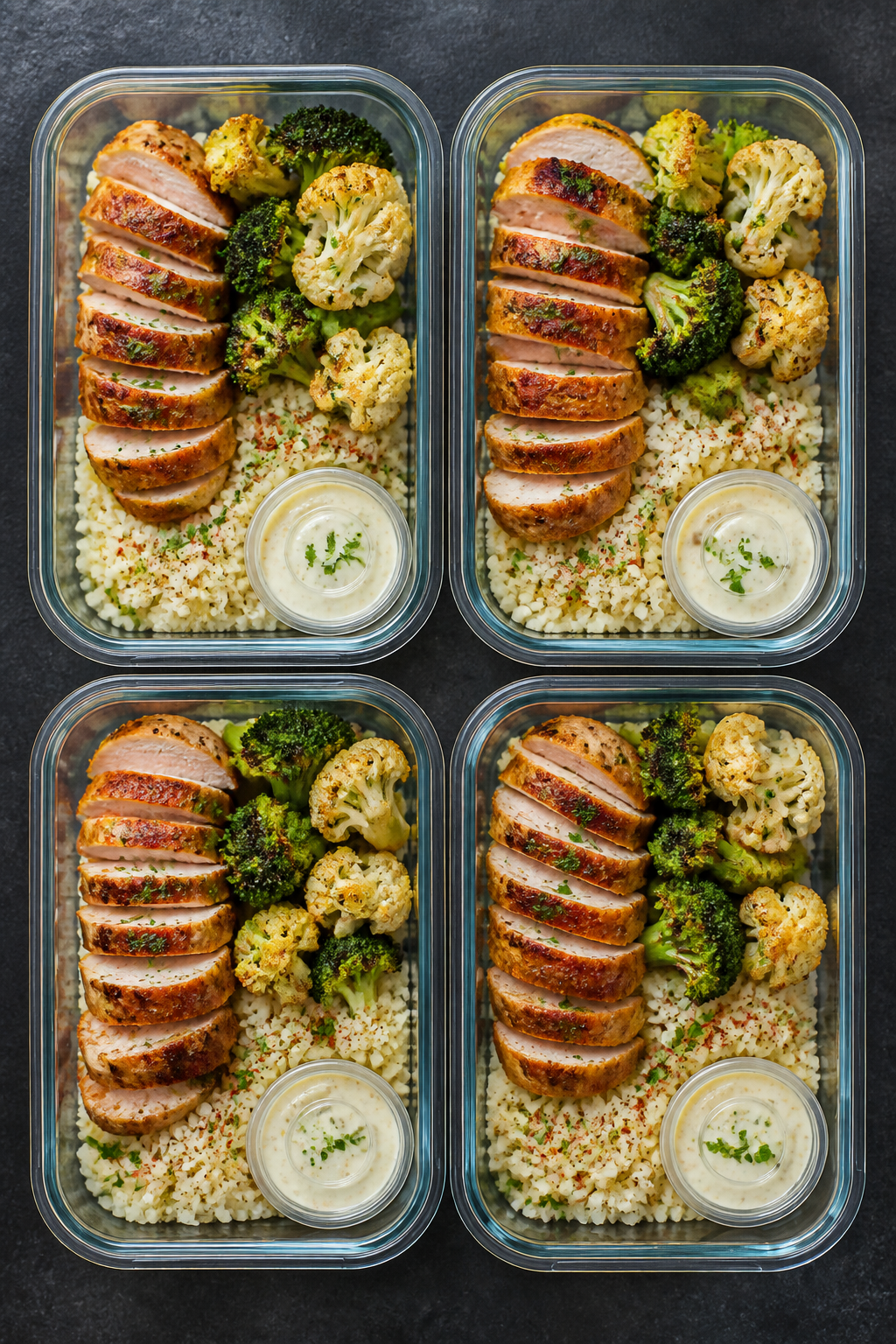Tasty top view: Overhead shot of four meal-prep containers neatly portioned—sliced bacon-wrapped c