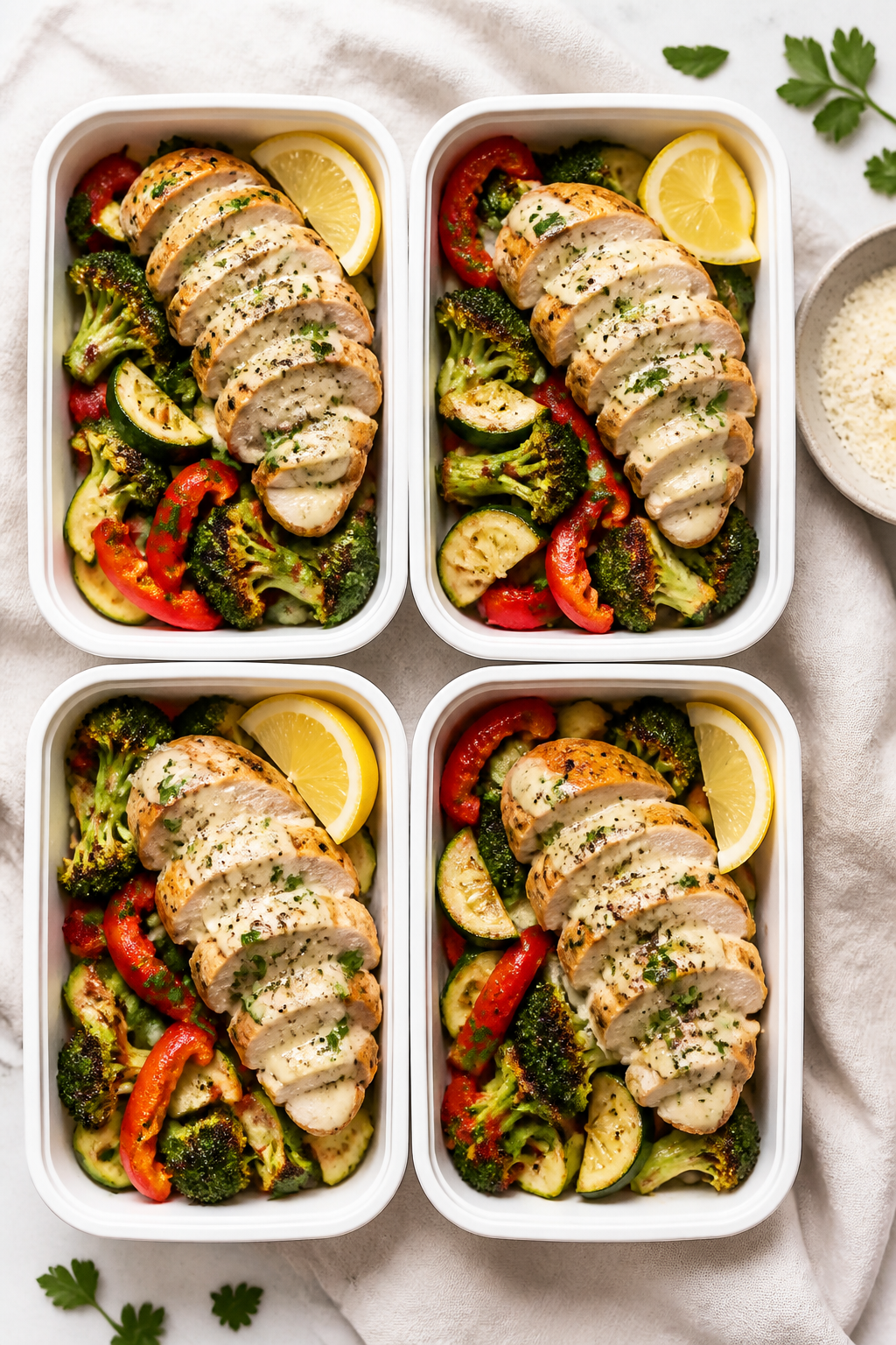 Tasty top view: Overhead shot of four meal prep containers neatly arranged, each holding roasted bro
