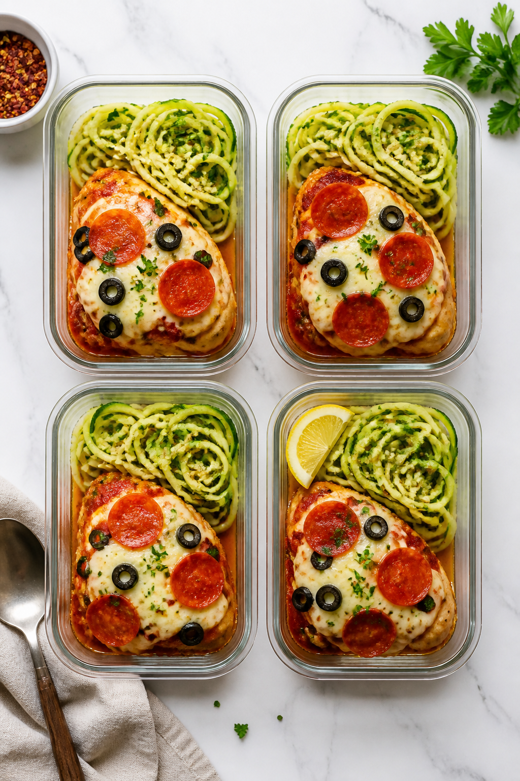 Tasty top view: Overhead shot of four meal prep containers neatly portioned with keto pizza chicken,