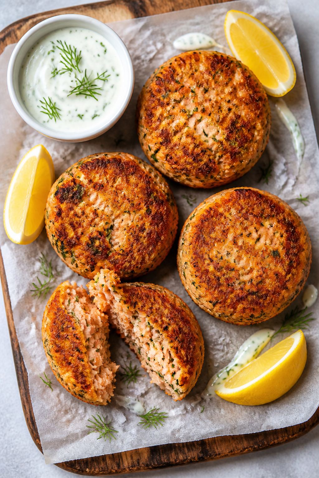 Tasty top view: Overhead shot of four salmon patties arranged on a parchment-lined board with a smal