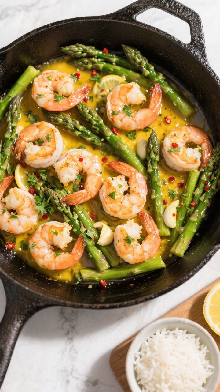 Tasty top view: Overhead shot of Garlic Butter Shrimp & Asparagus served family-style in a black cas