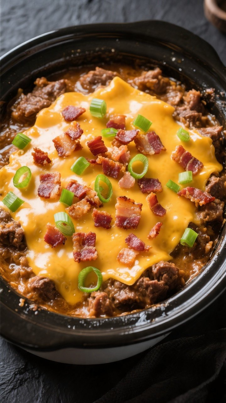 Tasty top view: Overhead shot of Keto Crockpot Crack Beef Casserole just finished in the crock, topp