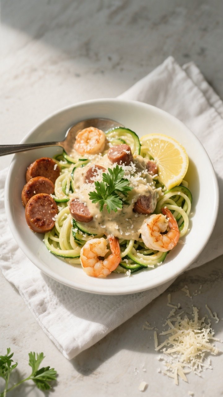 Tasty top view: Overhead shot of Keto Crockpot Creamy Garlic Shrimp & Sausage spooned over twirled z