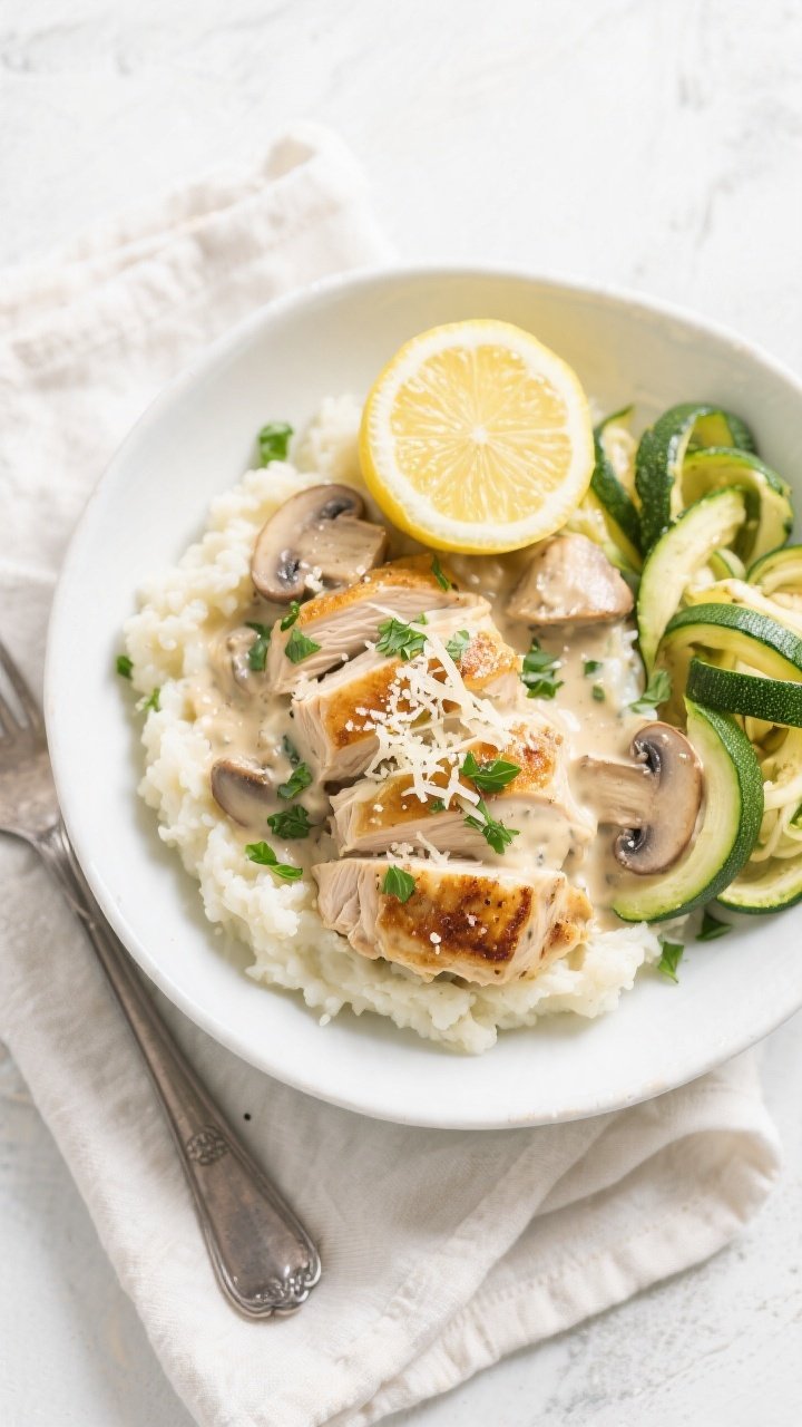 Tasty top view: Overhead shot of Keto Crockpot Creamy Mushroom Chicken served over velvety cauliflow