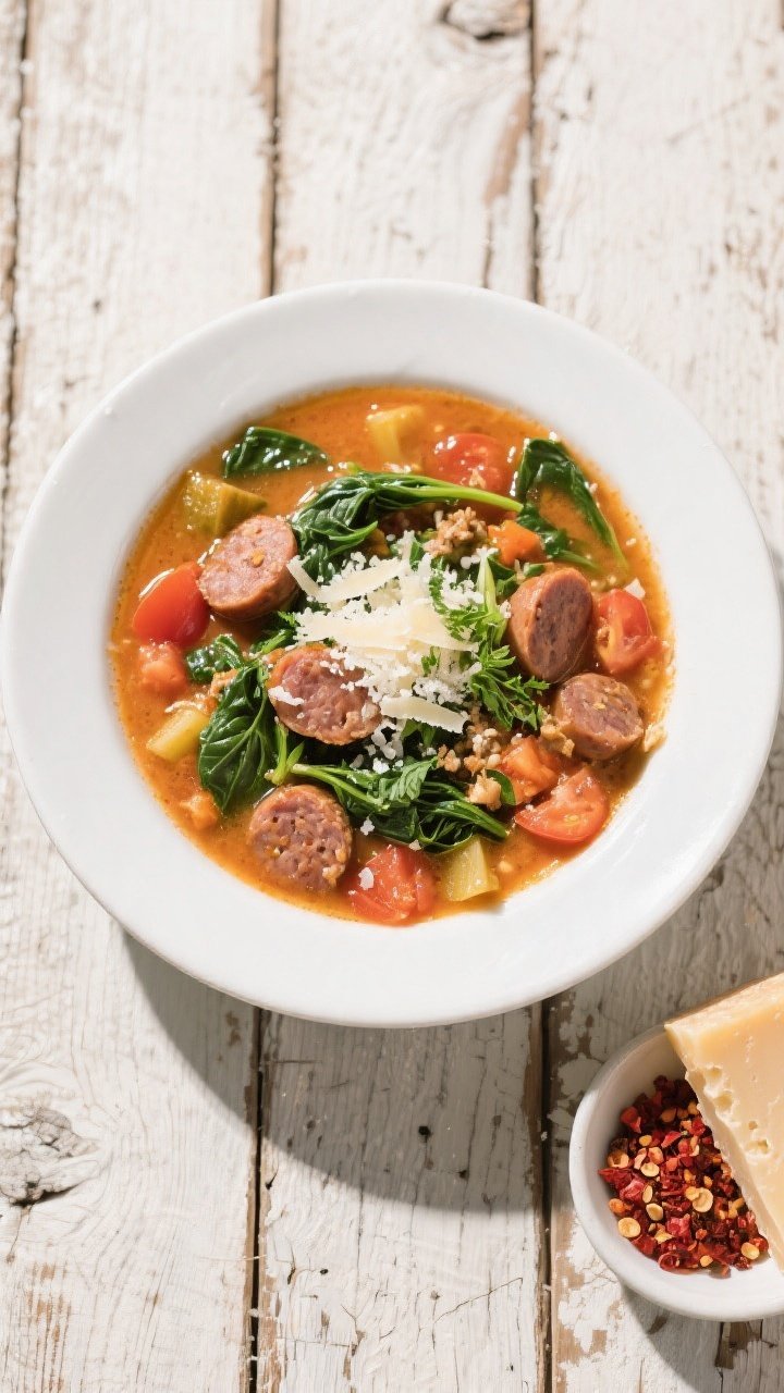 Tasty top view: Overhead shot of Keto Crockpot Italian Sausage Soup served in a wide white bowl on a
