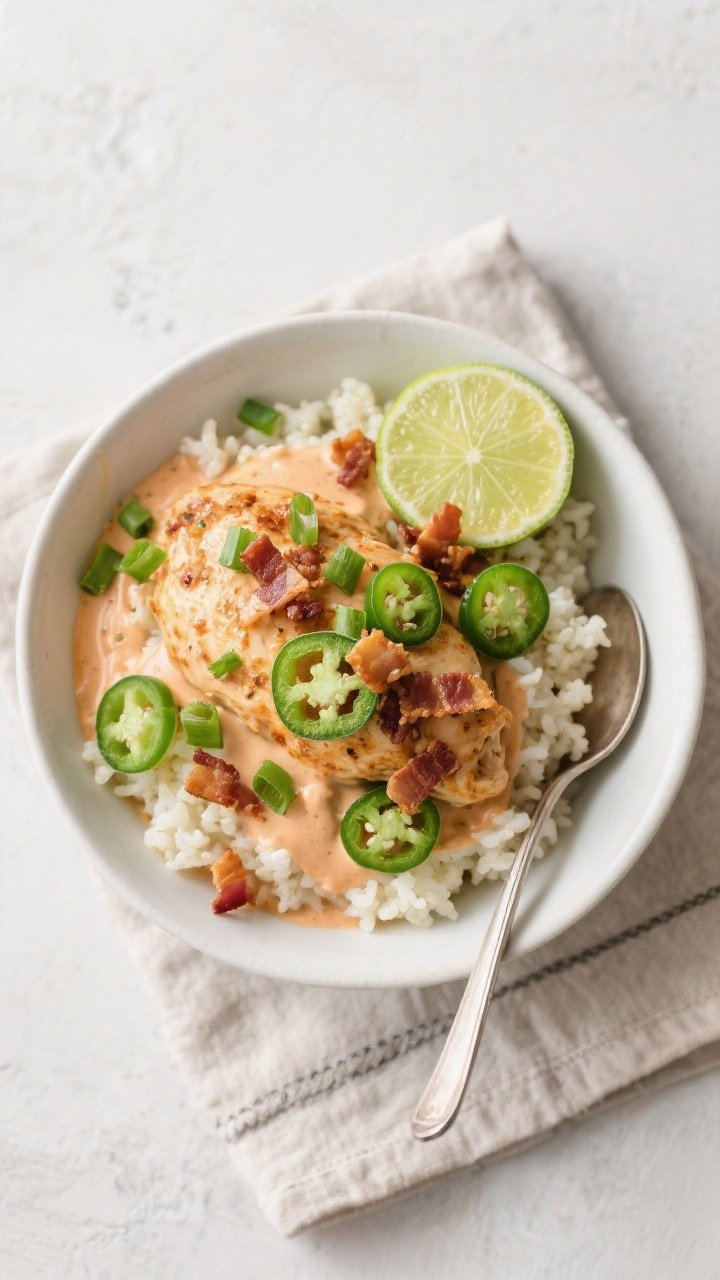 Tasty top view: Overhead shot of Keto Crockpot Jalapeño Popper Chicken spooned over fluffy cauliflo