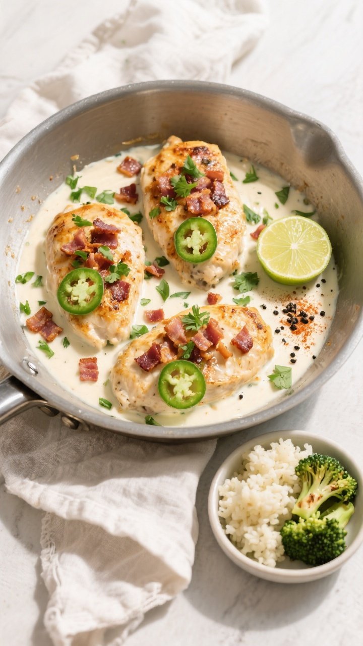 Tasty top view: Overhead shot of Keto Jalapeño Bacon Chicken served family-style in a wide skillet,