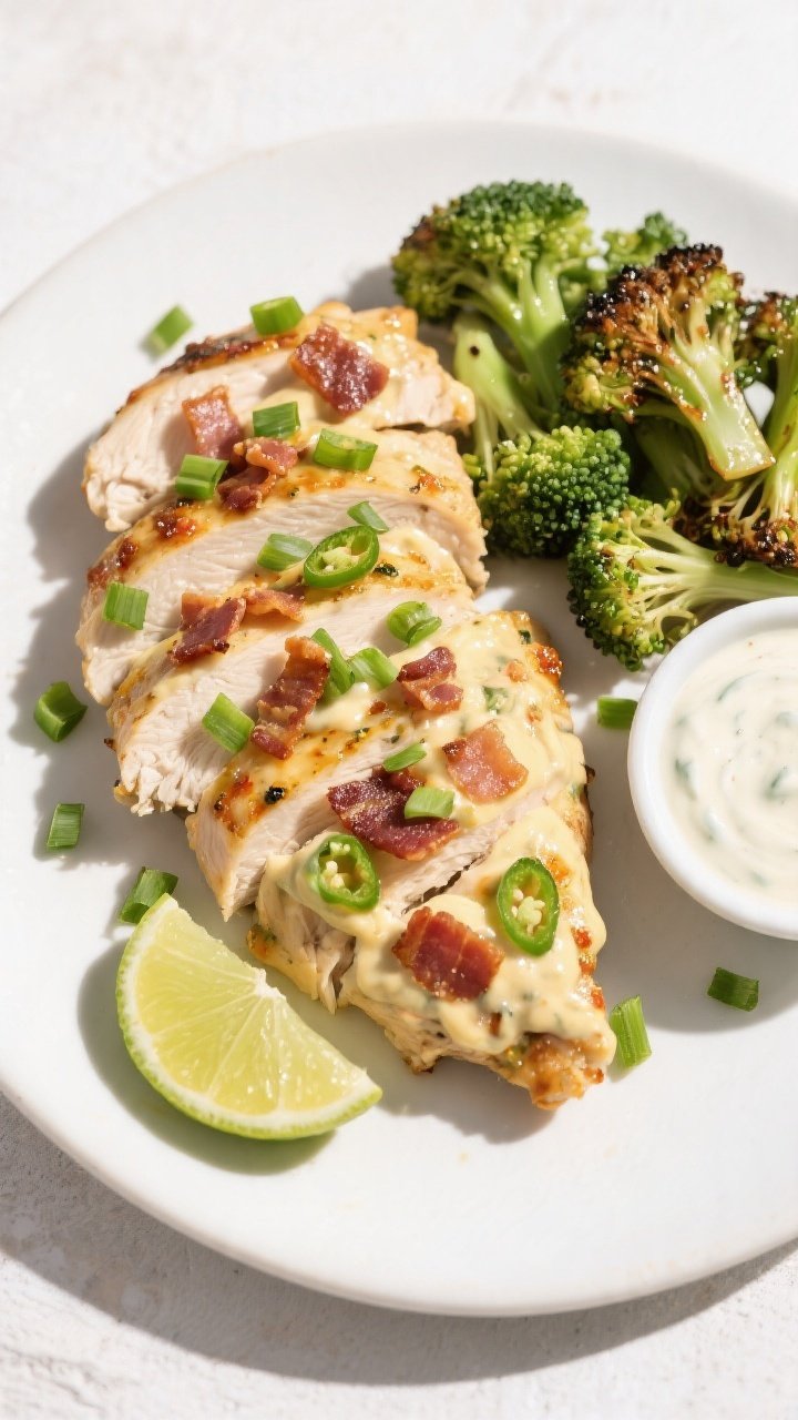 Tasty top view: Overhead shot of Keto Jalapeño Popper Chicken sliced and served on a matte white pl