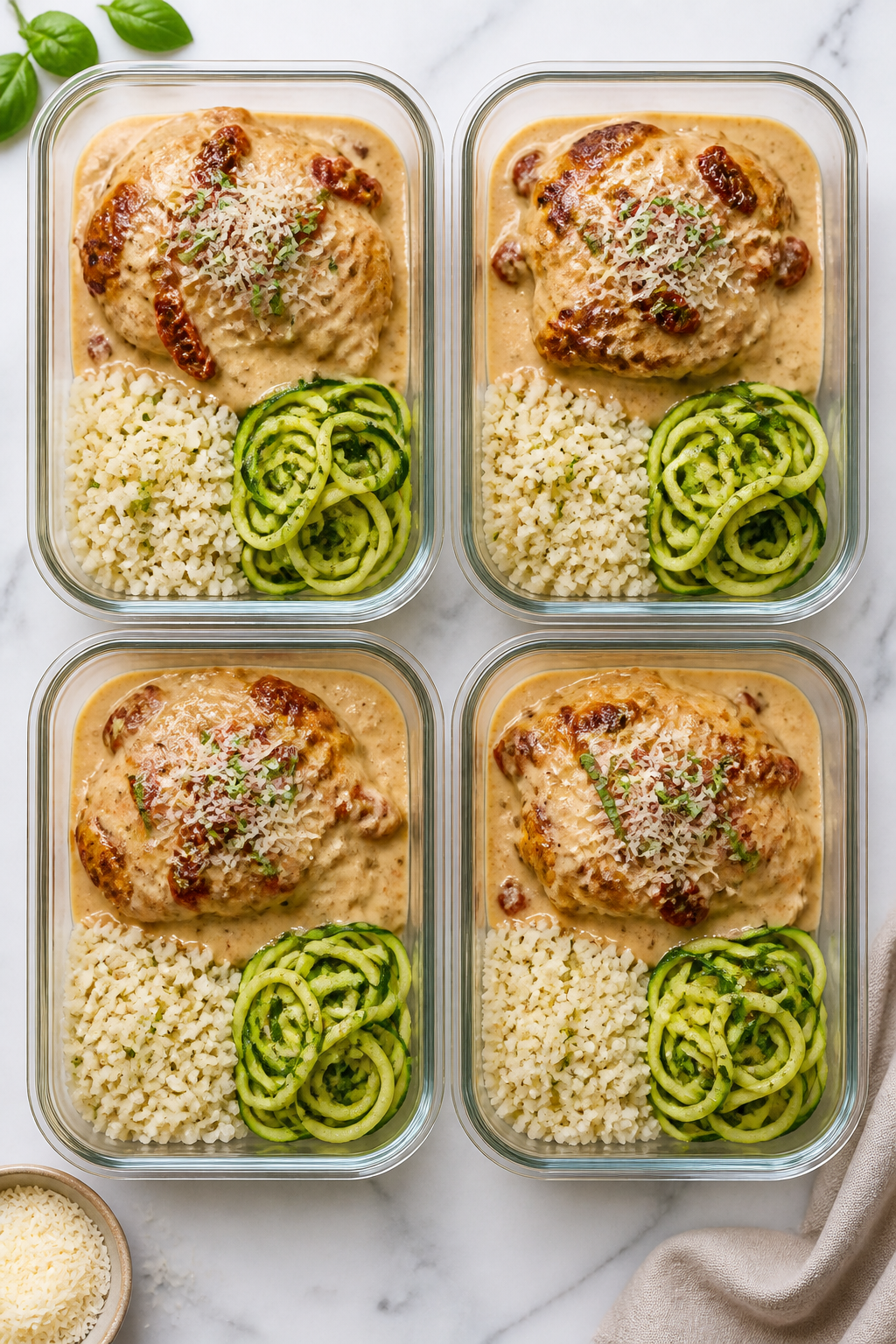 Tasty top view: Overhead shot of Keto Marry Me Chicken meal-prep containers—four portions—each w