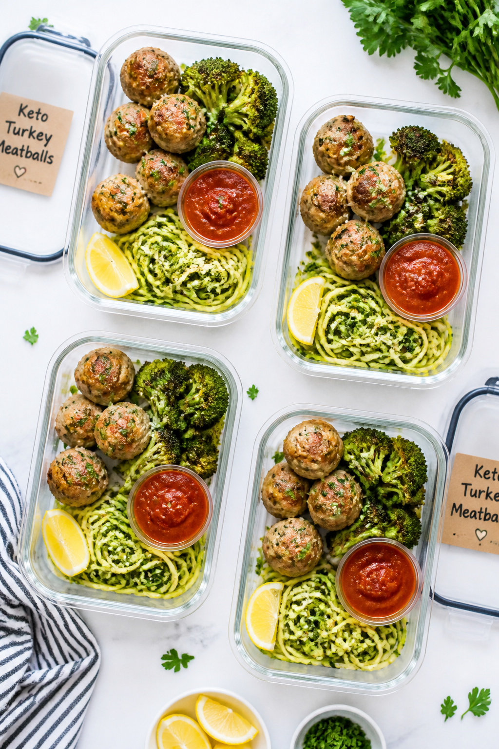 Tasty top view: Overhead shot of keto meal prep bowls with 4–5 turkey meatballs per container, pai