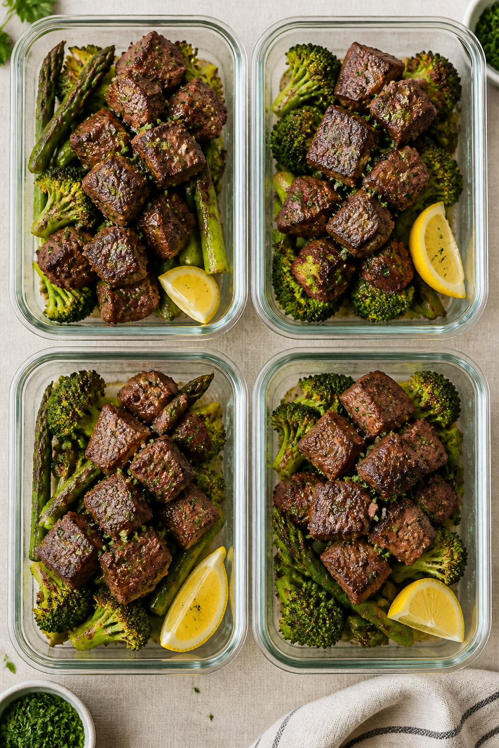 Tasty top view: Overhead shot of keto meal-prep containers neatly arranged, each with a generous por